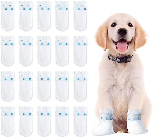 Disposable Dog Boots for Paw Protection, 20 Pcs Pet Shoes with Adjustable Self-Adhesive Bandage, Dog Disposable Foot Covers for Outdoor & Indoor Walking (White, Medium) by Unknown