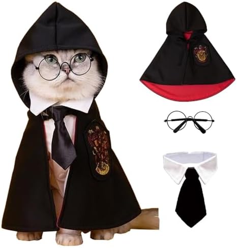 ANIAC 3PCS Halloween Dog Costume Cat Wizard Cape Glasses and Necktie Set Halloween Puppy Outfit Pet Academy Magician Cosplay Apparel for Kitten Cat Small Dogs (Black+Red, Small) by ANIAC