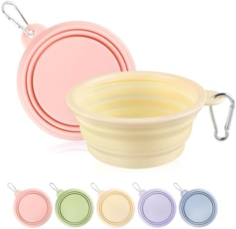Collapsible Dog Bowls 2-Pack, Portable Travel Dog Bowl with Carabiner, Food-Grade Silicone Pet Bowl for Hiking, Walking (Macaron Pink and Yellow) by TECOPH