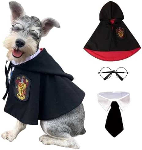 ANIAC 3PCS Halloween Dog Costume Cat Wizard Cape Glasses and Necktie Set Halloween Puppy Outfit Pet Academy Magician Cosplay Apparel for Kitten Cat Small Dogs (Black+Red, Large) by ANIAC
