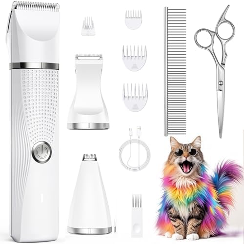 Cat Grooming Clippers Kit with Paw Trimmer, 3 in 1 Electric Pet Hair Trimmer Supplies for Thick Matted Hair, Heavy Coat Butt Shaver Cat Razor Fur Trimmer for Dogs at Home (White) by Bautrium