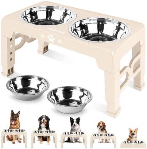 Jovrun Elevated Dog Bowls for Medium Large Size Dogs, Non-Slip Dog Feeder with 2 Stainless Steel Dishes, 5 Heights Adjustable Raised Bowls to 3.15″-8.66″-9.84″-11.02″-12.2″ by Jovrun