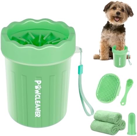 Professional 7 in 1 Dog Paw Cleaner for Dogs & Cats - Includes 1 Portable Paw Washer, 1 Bath Brush, 2 Dog Toothbrushes and 3 Absorbent Towels Note: Fits Paws up to 2 Inches Wide (Small, Light Green) by Comotech