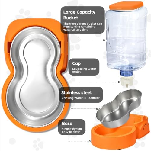 HWONMTE Portable Automatic Cat Feeder and Water Dispenser with Stainless Steel Bowl Dog Gravity Food Feeder and Waterer for Small Medium Pets Puppy Kitten 1 Gallon x 2 (Orange) - Image 5