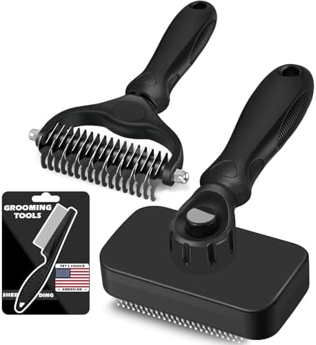 Professional 3PCS Self Cleaning Slicker Brush & Pet Grooming Rake & Flea Comb for Dogs,Cats and Horses | Double-Sided Dematting Comb & Skin Friendly Deshedding Grooming Tool | Pet Supplies (Black) by Augwind