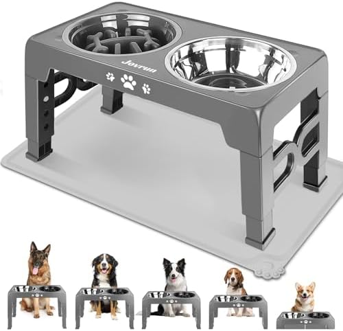 Jovrun Elevated Dog Bowls for Medium Large Dogs with Mat, Non-Slip Dog Feeder with 1*Stainless Steel Dishes & 1*Slow Feeder Bowl, 5 Heights Adjustable Raised Bowls for 3.15″-8.66″-9.84″-11.02″-12.2″ by Jovrun