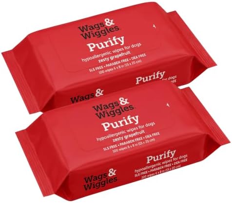 Wags & Wiggles Purify Hypoallergenic Dog Wipes for Sensitive Skin, Paw and Body Grooming Wipes with Gentle Plant Based Formula for Everyday Cleaning, Zesty Grapefruit Scent, 100 Count (Pack of 2) by FetchforPets