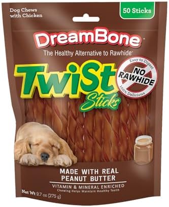 DreamBone Peanut Butter Twist Sticks Rawhide-Free Dog Treats, 50 Count by Dreambone