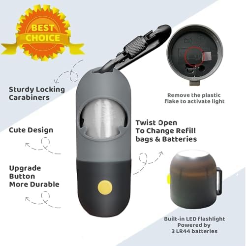 Dog Poop Bag Dispenser with Built-in LED Flashlight and Metal Clip for Leash, Pet Waste Bag Holder, Dog Walking Accessory (Black) - Image 6