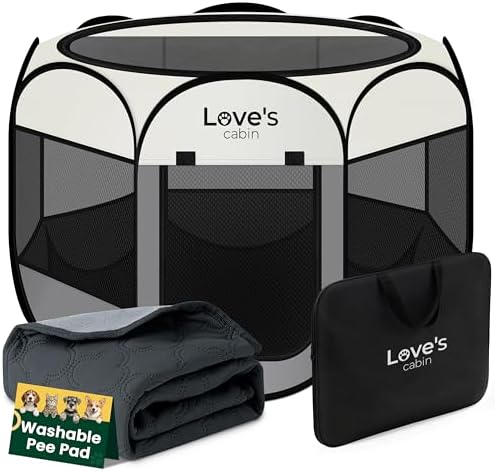 Love's cabin Dog Playpen with Washable Pee Pad, Puppy Pet Cat Playpen Small Dogs Tent Crate Indoor/Outdoor, Portable Pop Up Kennel with Carrying Case for Cats/Rabbits(Grey,Small with pad) by Lovescabin