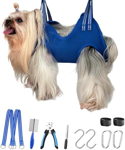 Kkiimatt 10 in 1 Dog Grooming Hammock Harness with Nail Clippers, Nail Trimming Hammock for Pet, Grooming Sling Hanger Holder Restaint for Nail Trimming/Clipping (XXS/Under 10lb Blue) by Kkiimatt