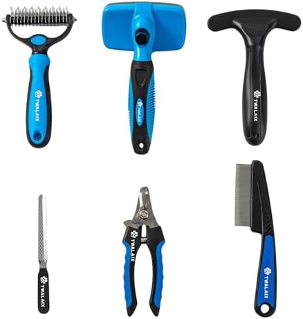 6-in-1 Dog Grooming Kit, Pet Grooming Kit for Dogs & Cats, Professional Cat Brush Set with Slicker Brush, Undercoat Rake, Flea Comb, Nail Clipper, Nail File & Pin Rake Brush by TWALAIX