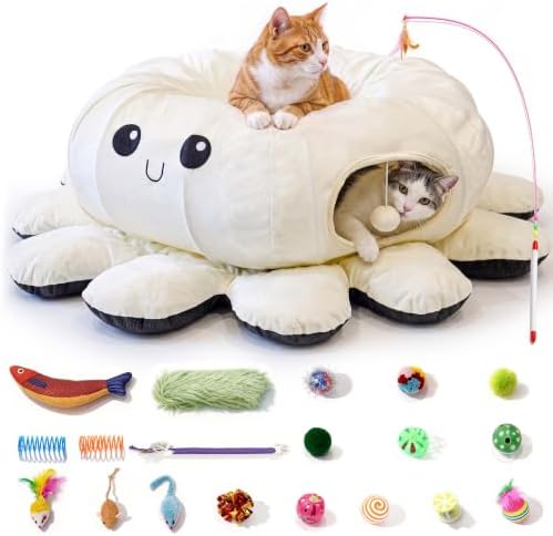 Cat Tunnel Bed with 20 Cat Toys,Kitten Toys for Indoor Kittens,White by FortheHeartbeatinYourLap