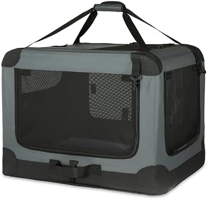 Amazon Basics 4-Door Portable Folding Soft Dog Crate, Collapsible Travel Kennel for Cat, Dog, and Small Animals, Pop Up with Fleece Mat, Water-Resistant Base, Grey, 36" x 24" x 24" by AmazonBasics