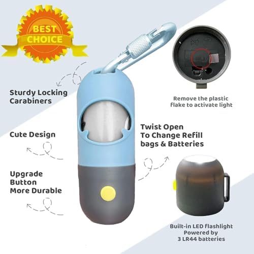 Dog Poop Bag Dispenser with Built-in LED Flashlight and Metal Clip for Leash, Pet Waste Bag Holder, Dog Walking Accessory (Blue) - Image 2