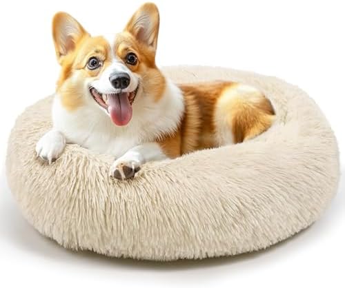 28in Large Dog Bed, Calming Donut Bed for Puppy and Kitten (Light Brown) by Hoewina