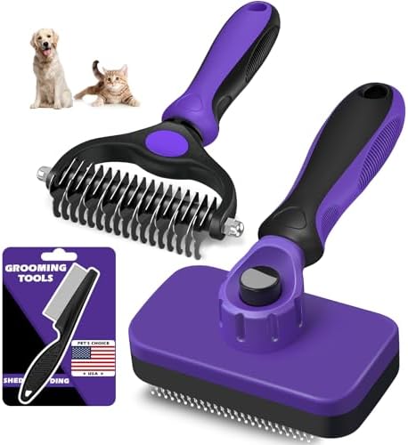 Professional 3PCS Self Cleaning Slicker Brush & Pet Grooming Rake & Flea Comb for Dogs,Cats and Horses | Double-Sided Dematting Comb & Skin Friendly Deshedding Grooming Tool | Pet Supplies (Purple) by Augwind