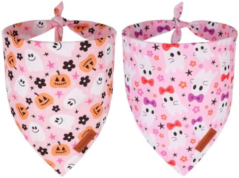 PTDECOR Pink Halloween Dog Bandanas, Pumpkin Bow Ghost Pet Scarf, X-Large by PTDECOR