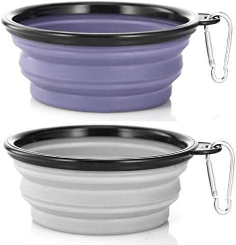 Dog Bowl Pet Collapsible Bowls, 2 Pack Collapsible Dog Water Bowls for Cats Dogs, Portable Pet Feeding Watering Dish for Walking Parking Traveling with 2 Carabiners (Small, Purple & Concrete Gray) by SLSON