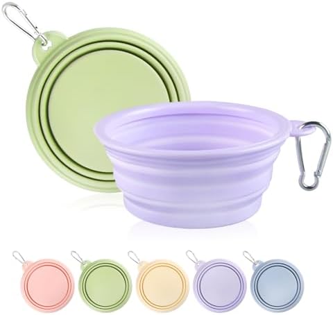 Collapsible Dog Bowls 2-Pack, Portable Travel Dog Bowl with Carabiner, Food-Grade Silicone Pet Bowl for Hiking, Walking(Macaron Violet and Green) by TECOPH