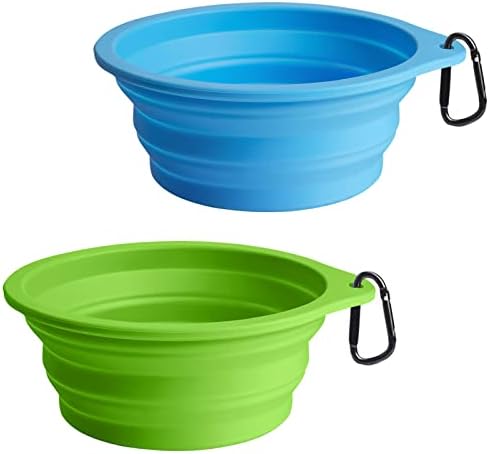 PetBonus 2-Pack Silicone Collapsible Dog Bowls, BPA Free Dishwasher Safe, Portable Foldable Expandable Travel Bowl, Food Water Feeding Cup Dish for Dogs Cats with 2 Carabiners (Light Blue & Green) by Petbonus