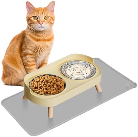 Elevated Cat Bowl with Food Mat, Raised Cat Food and Water Bowl Set for Indoor Cats, Splash Proof with 2 Stainless Steel Pet Food Bowls for Cat and Puppies,Whisker Fatigue and Dishwasher Safe (Yellow) by HIAIEVIY
