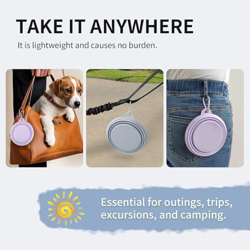 Collapsible Dog Bowls 2-Pack, Portable Travel Dog Bowl with Carabiner, Food-Grade Silicone Pet Bowl for Hiking, Walking (Macaron Blue and Violet) - Image 5