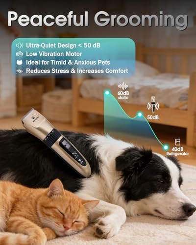 M&M STAR Dog Grooming Kit, Low Noise Dog Clippers, 2-Speed IPX7 Waterproof, Rechargeable Cordless Pet Hair Clippers Trimmer Shaver with LED Display for Dogs and Cats, Gold - Image 4