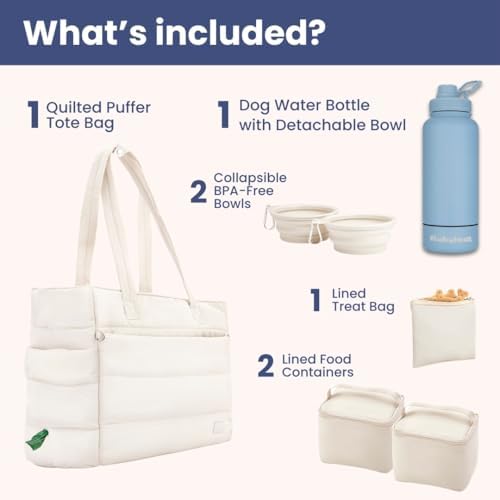 Rubyloo Dog Mom Essentials Bundle - Puffer Tote with Storage Containers (Beige) and 32 oz Water Bottle with Detachable Bowl (Solid Dusty Blue) - Travel Bag and Hydration Set - Image 2