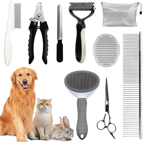 Dog Brush & Grooming Kit – 9-Piece Pet Brush & Deshedding Set for Shedding, Bathing, Trimming & Nail Care | Grooming Tools for Dogs & Cats, Includes Comb, Nail Clipper, Scissors, Slicker Brush (Gray) by Aiolpy