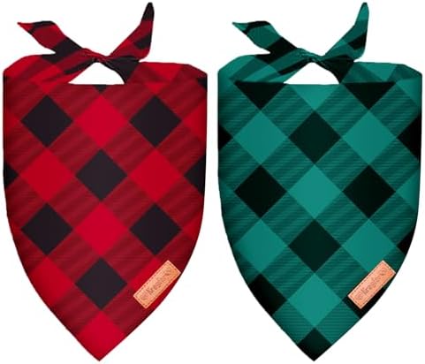 2 Pieces Christmas Buffalo Plaid Dog Bandanas, Double-Sided Reversible Triangle Scarf, Red and Green Checkered Design, Holiday Pet Costume Accessories for Dogs and Cats (Medium) by Kreyfer