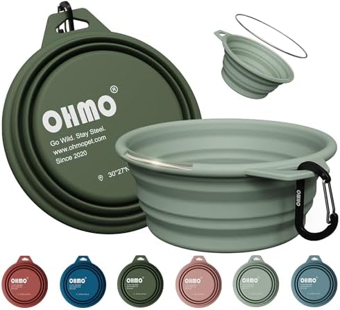 OHMO Large Collapsible Dog Bowls, Steel Rim, 27oz, 2pcs, Camo&Sage Green by OHMO