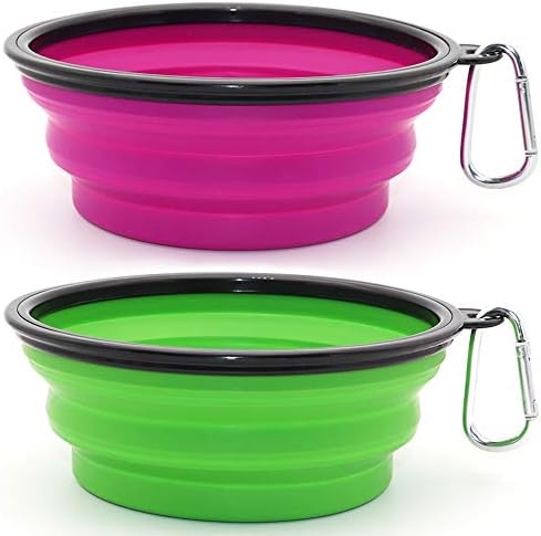Dog Bowl Pet Collapsible Bowls, 2 Pack Collapsible Dog Water Bowls for Cats Dogs, Portable Pet Feeding Watering Dish for Walking Parking Traveling with 2 Carabiners (Large, Green+Purple) by SLSON