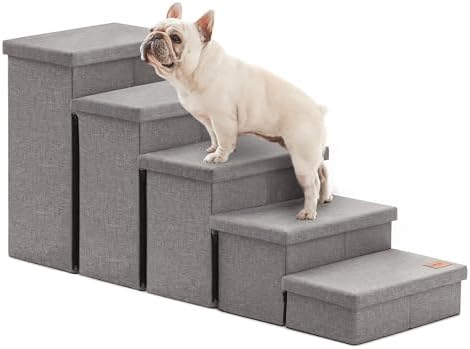 Love's cabin Dog Stairs for High Bed, Foldable Pet Stairs for Small Medium or Large Dogs Puppy with Storage for Bed or Couch, Cat Dog Steps Ramp with Zip up to 200 lbs, Solid Grey, 5 Steps by Lovescabin