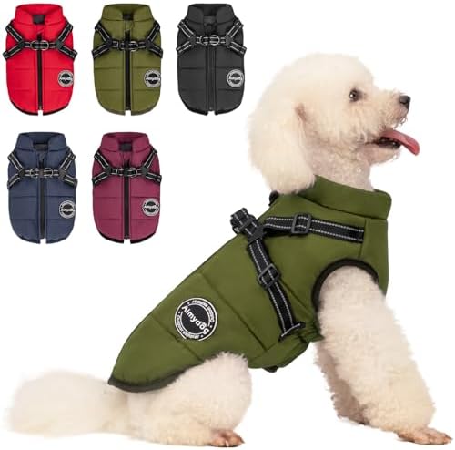 Warm Dog Winter Coat, Fashion Sports Cold Weather Jacket with Built-in Harness, Reflective & Adjustable Comfortable Pet Vest, Windproof Apparel for Small Medium Large Dogs (Green) by Aimydog