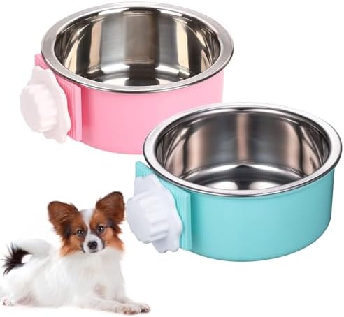 kathson Crate Dog Bowl, Removable Stainless Steel Hanging Pet Cage Bowl Food & Water Feeder Coop Cup for Cat, Puppy, Birds, Rats, Guinea Pigs (2 PCS, Size: M, Blue and Pink) by kathson