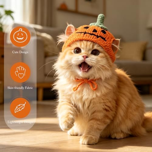 Pumpkin Cat Hat, Cotton & Soft Cute Knitted Hats for Cats Birthday Party Halloween Christmas Puppy Hat for Small Pets (Orange,M) - Image 6