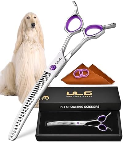 ULG 7.5” Dog Grooming Chunker Shears – 30° Curved Pet Grooming Scissors, Japanese 440C Stainless Steel, 30 Comb & Chunker Teeth, 60% Thinning Rate, Reversible Butterfly Handles for Face, Nose & Body by ULG