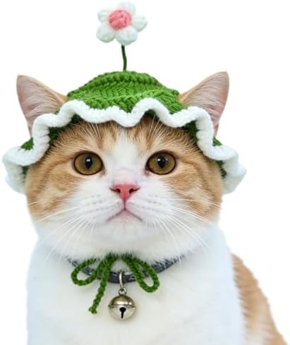 Flower Cat Hat, Cotton & Soft Cute Knitted Hats for Cats Birthday Party Spring Christmas Puppy Hat for Small Pets (Green,M) by floofelove