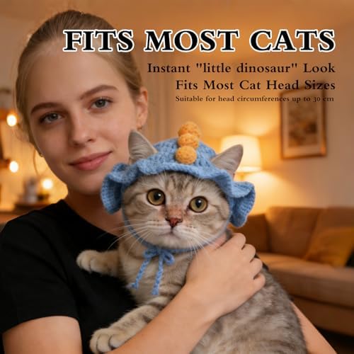 Dinosaur Cat Hat, Cotton & Soft Cute Knitted Hats for Cats Birthday Party Spring Christmas Puppy Hat for Small Pets (Blue,M) - Image 3