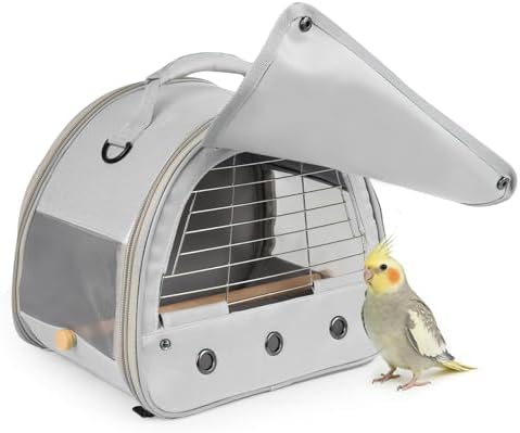 Bird Travel Carrier Cage, with Stainless Steel Metal Window and Wood Perch, Portable Bag for Cockatiel Parakeet Conure Green Cheek Budgie (Grey, Steel Window) by halinfer