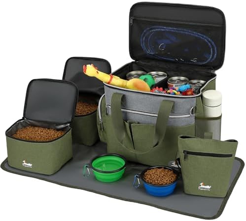 Dog Travel Bag for Pet Kit for Supplies with 2 Food Storage Containers 2 Collapsible Bowls 1 Feeding Mat 1 Dog Treat Pouch 7-Piece Set Perfect Road Trips Camping Weekend (Olive Green) by Unknown