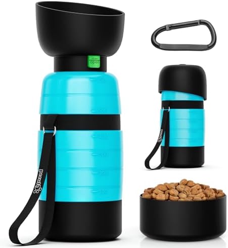 Pecute Upgraded 22 oz Dog Water Bottle with 5 oz Food Container, Portable Dog Travel Water Bottle Dispenser, Leakproof, BPA Free, Lightweight, Pet Water Bottle Bowl for Outdoor Walking Hiking Camping by pecute