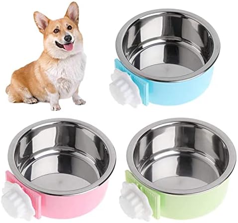 kathson Crate Dog Bowl, Removable Stainless Steel Hanging Pet Cage Bowl Food & Water Feeder Coop Cup for Cat, Puppy, Birds, Rats, Guinea Pigs (3 PCS, Size: M, Blue, Green, Pink) by kathson