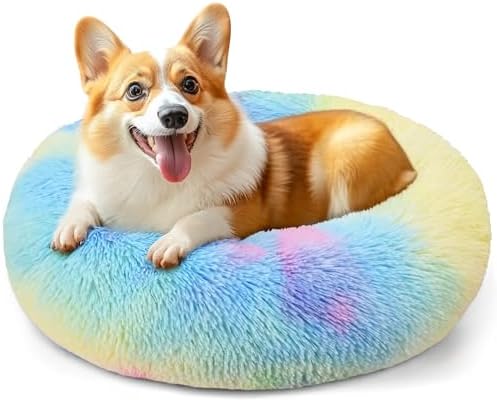 28in Large Dog Bed, Calming Donut Bed for Puppy and Kitten (Rainbow) by Hoewina