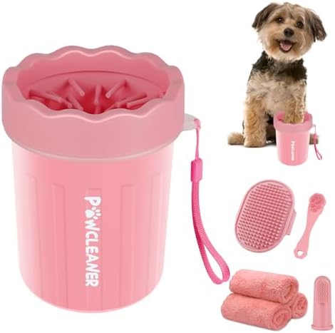 Professional 7 in 1 Dog Paw Cleaner for Dogs & Cats - Includes 1 Portable Paw Washer, 1 Bath Brush, 2 Dog Toothbrushes and 3 Absorbent Towels Note: Fits Paws up to 2 Inches Wide (Small, Light Pink) by Comotech