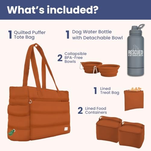 Rubyloo Dog Mom Essentials Bundle - Puffer Tote with Storage Containers (Rust) and 32 oz Water Bottle with Detachable Bowl (Rescued is My Favorite Breed) - Travel Bag and Hydration Set - Image 2