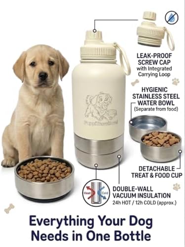 Dog Travel Water Bottle with Bowl – PuppiLovePets 3-in-1 Portable Dog Water Bottle 32oz, Stainless Steel, 2 Detachable Cups, Leak-Proof, BPA-Free – Hiking, Walking & Camping – Ivory - Image 2
