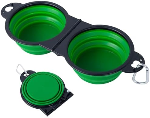 SLSON Collapsible Dog Dual Bowls Reinforced Rim 180 Degrees Flip Over Foldable Double Bowl with Lock Clips More Stable Dog Travel Bowls Pet Food Water Feeder (Green) by SLSON