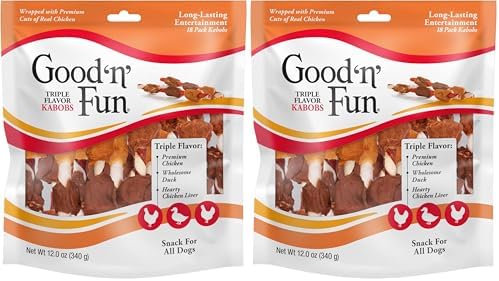 Good N Fun Triple Flavor Kabobs Chews for All Dogs, Treat Your Dog to Chews Made from Beef Hide, Real Chicken, Pork Hide, Duck and Chicken Liver, 18 Count (Pack of 2) by GoodNFun